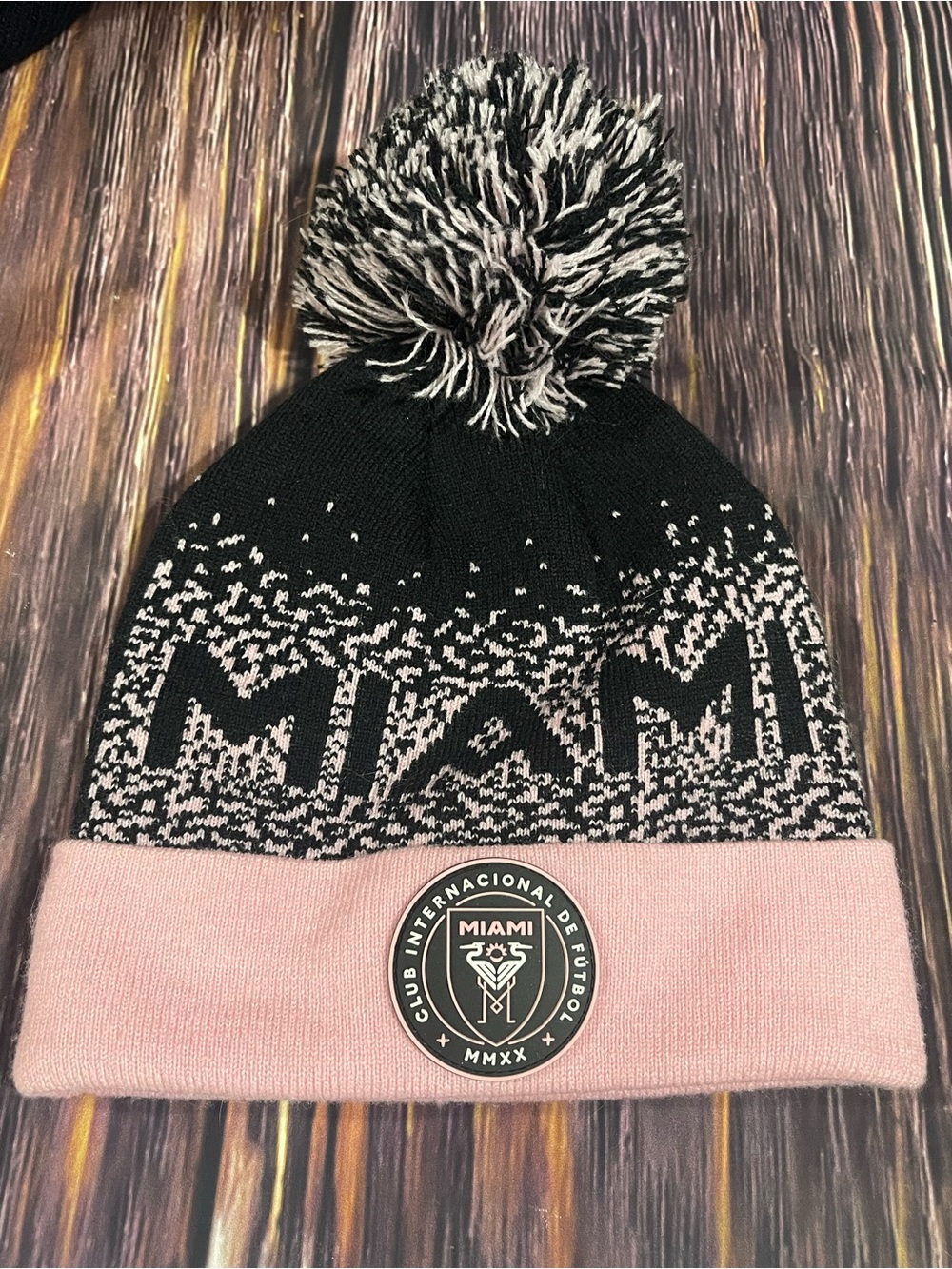 YouthEra International Miami MMXX Cuffed Pom Knit Beanie Fleece Lined Black Pink